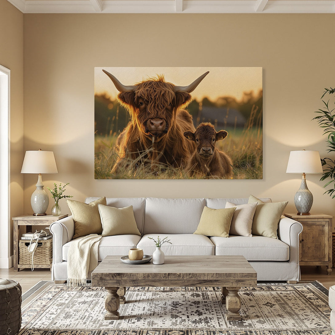 Framed Wall Art featuring a Highland cow and calf. Warm, earthy tones create a cozy, rustic aesthetic. Perfect for farmhouse decor!
