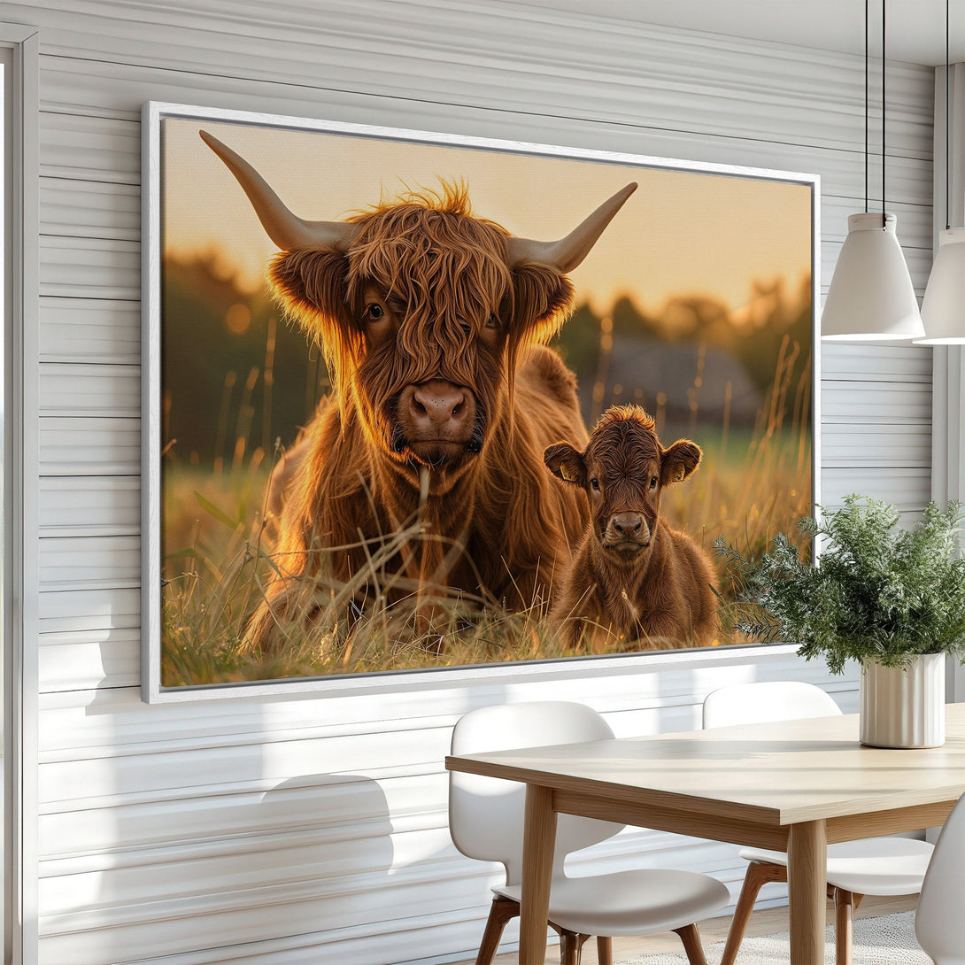 Framed Wall Art featuring a Highland Cow and calf in a warm, golden color palette. Rustic style canvas print perfect for farmhouse decor.
