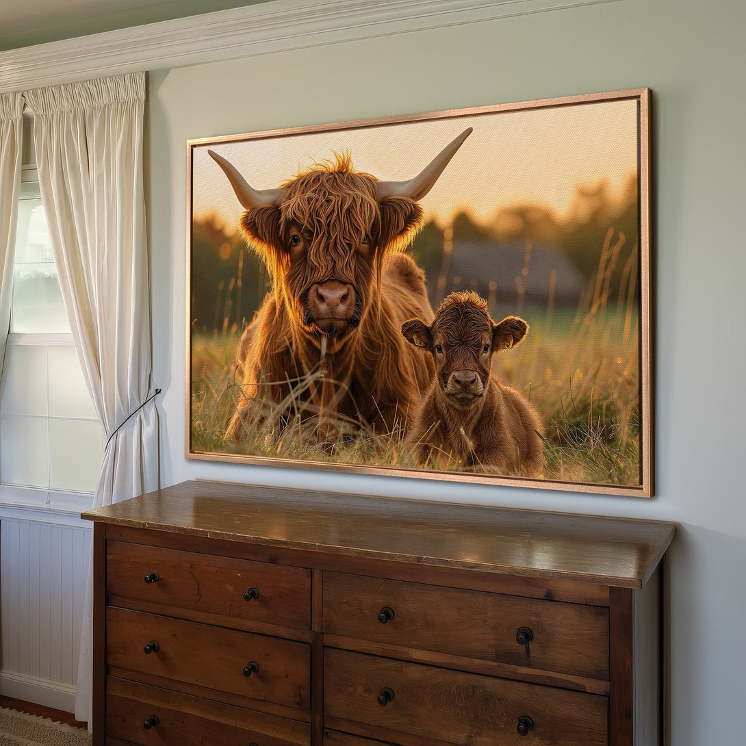 Framed Wall Art: Highland cow and calf portrait in warm, earthy tones. Rustic, nature-inspired canvas print for cozy home decor.
