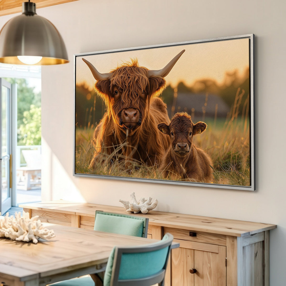 Framed Wall Art: Highland cow and calf portrait in warm tones. Rustic style Canvas Print for cozy home decor. Bring nature's beauty indoors!