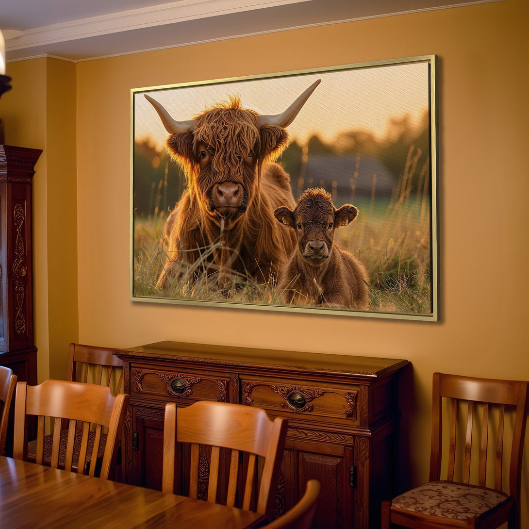 Canvas Print featuring Highland cows in a warm, rustic style. Earthy tones and cozy interior decor. Bring nature into your home!