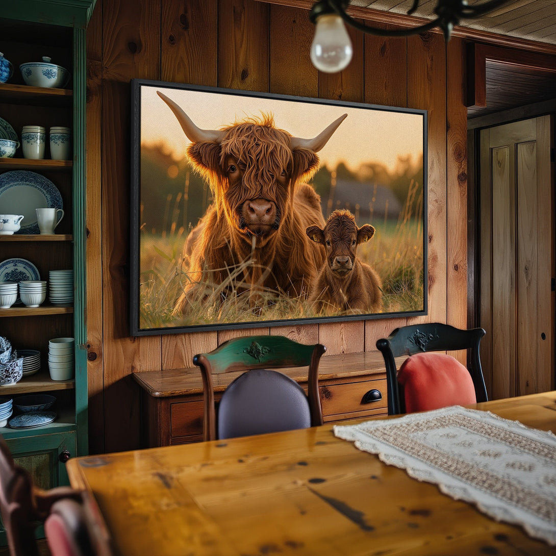 Canvas Print: Highland cow and calf art, warm rustic tones. Perfect farmhouse wall decor. Earthy color palette, framed wall art.