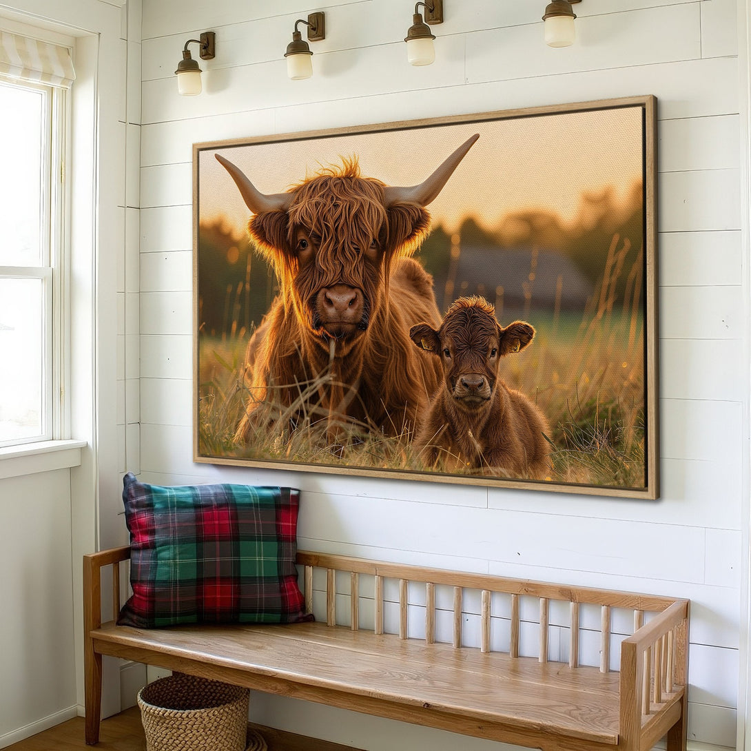 Canvas Print of Highland cows in warm, earthy tones. Rustic style wall art for a cozy home. Brown and gold color palette.
