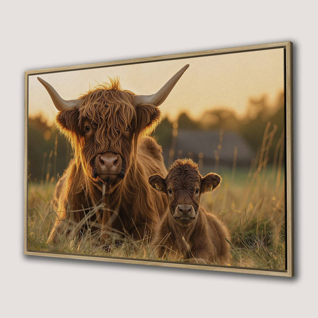 Framed Wall Art: Highland cow and calf portrait in warm brown tones. Rustic animal art perfect for any home decor style.