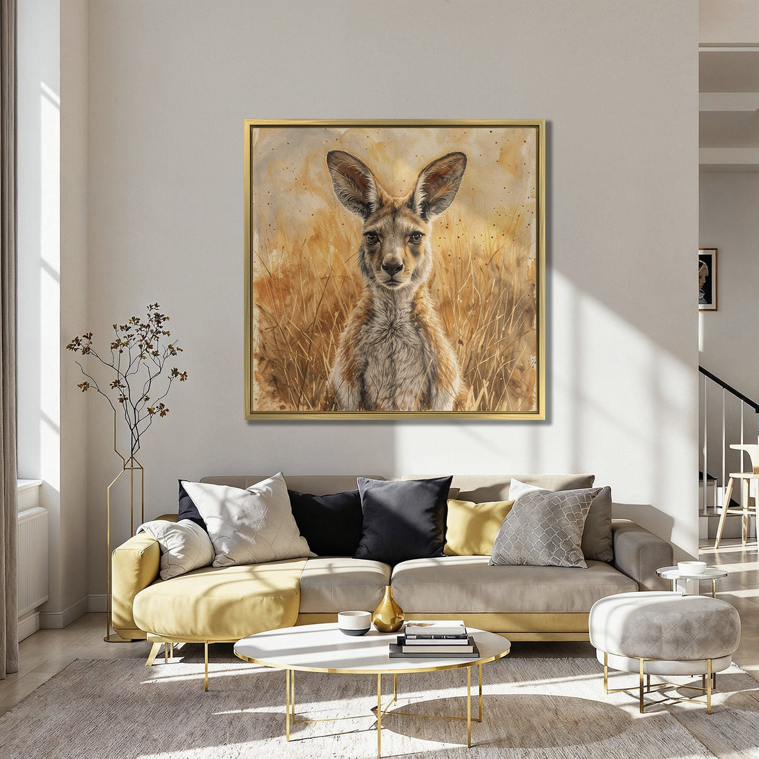 Canvas Print featuring a kangaroo in a watercolor style, warm brown and beige tones, perfect for adding wildlife art to your home decor.