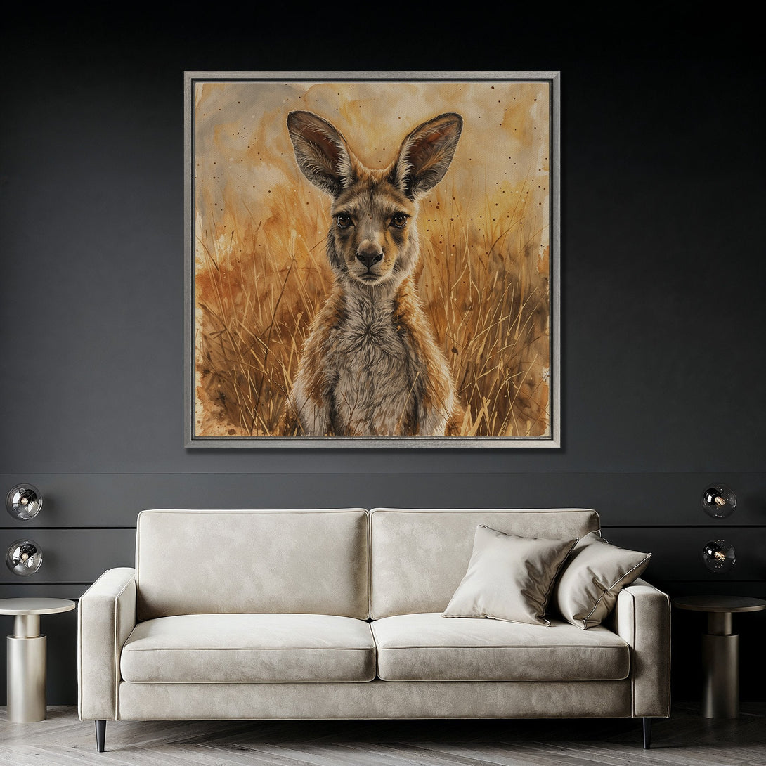 Framed Wall Art: Watercolor kangaroo print in warm earth tones. Rustic animal art for home decor. Neutral color palette.