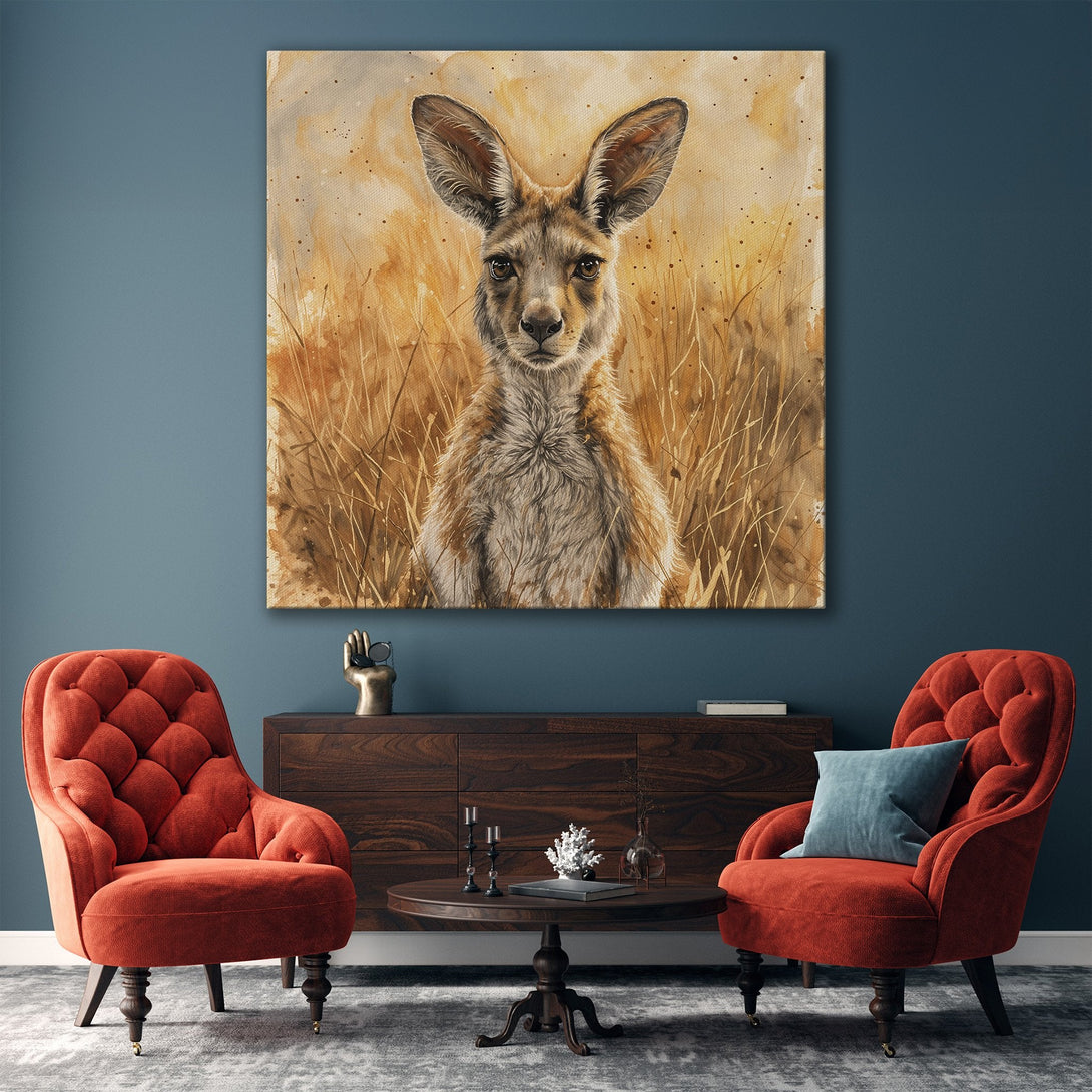 Framed Wall Art: Watercolor kangaroo print in warm earth tones. Adds a touch of nature and elegance to any living room. Shop now!