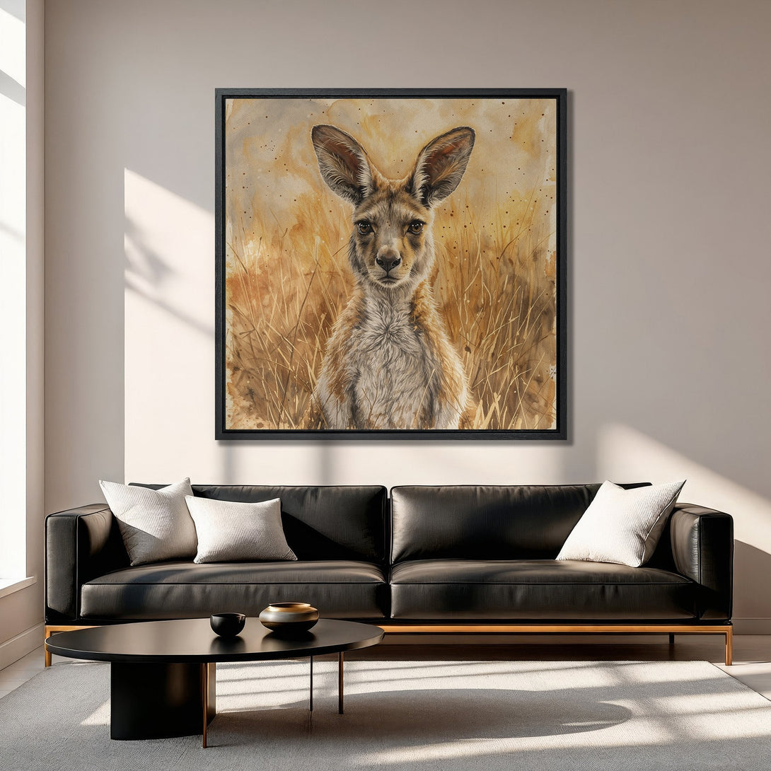 Framed Wall Art: Watercolor kangaroo print in warm earth tones. Add a touch of wildlife to your home decor with this stunning canvas print.