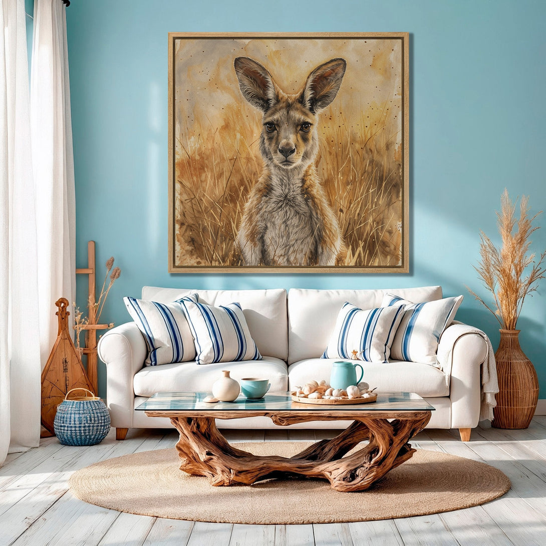 Framed Wall Art featuring a kangaroo in a watercolor style, warm earth tones. Perfect for adding a touch of nature to your home decor.