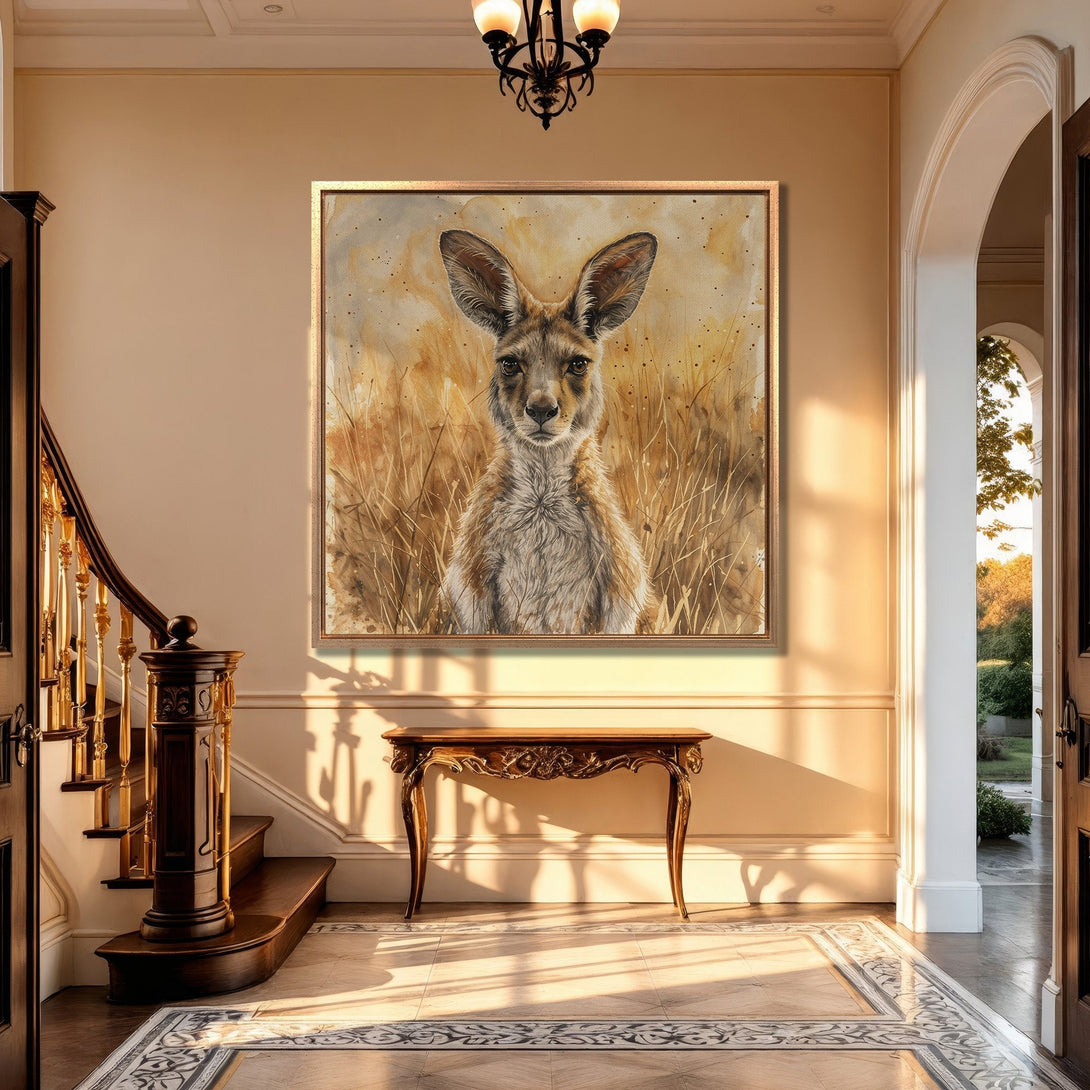 Framed Wall Art: Watercolor kangaroo portrait in warm earth tones. Adds a touch of nature and elegance to any interior. Shop now for unique wall decor!