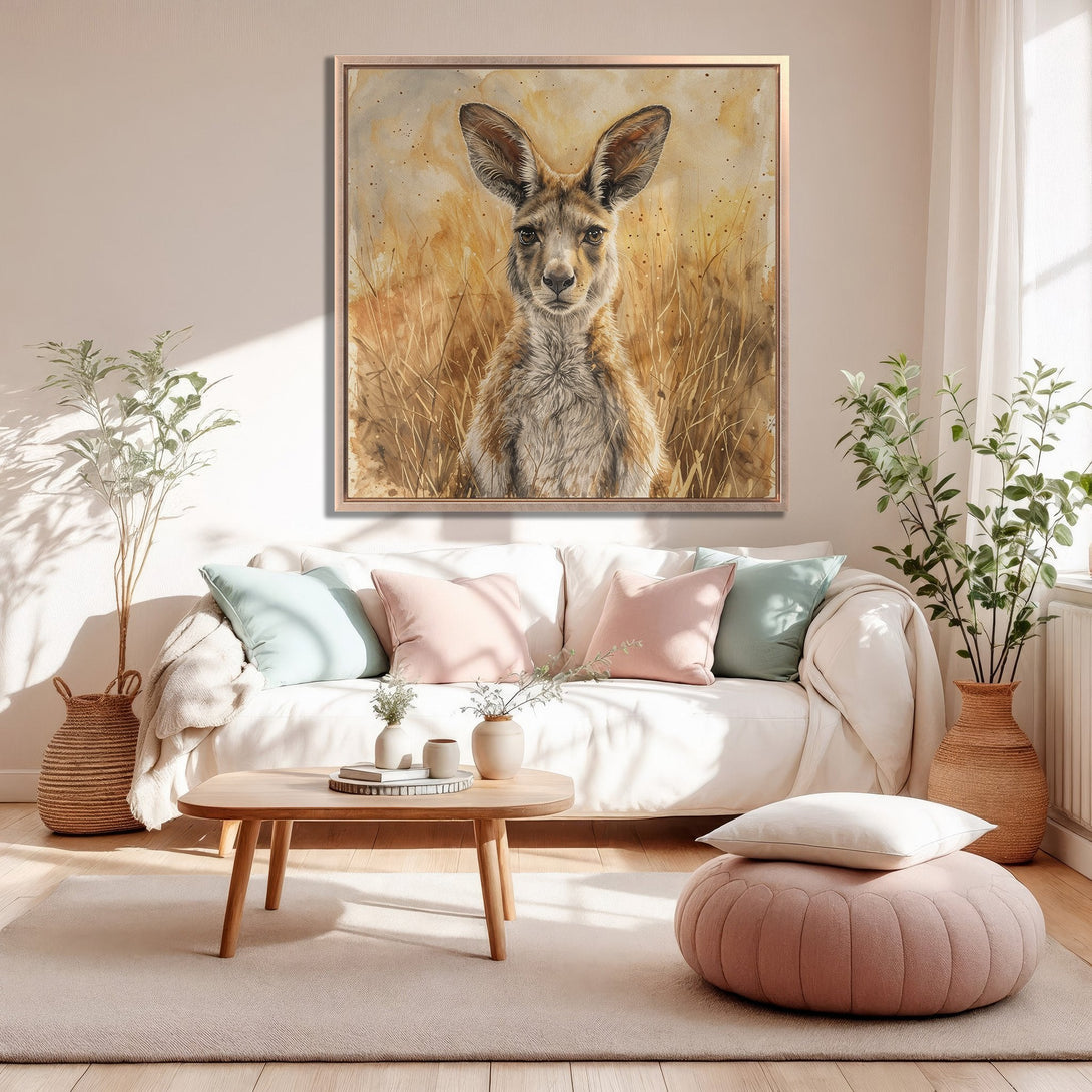Framed Wall Art: Watercolor kangaroo print in neutral tones, perfect for adding a touch of nature to your living room decor. Shop now!