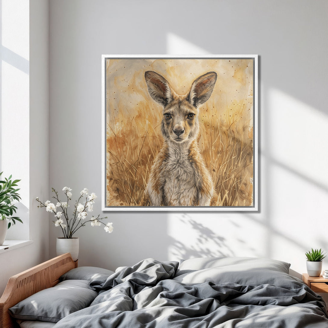 Framed Wall Art featuring a kangaroo in a watercolor style with warm, earthy tones. Perfect for adding a touch of nature to your bedroom decor.