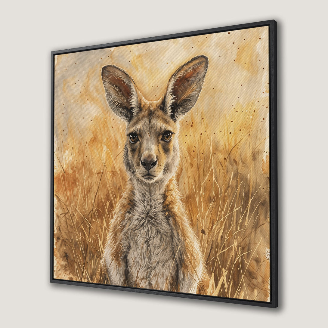 Framed Wall Art: Watercolor kangaroo portrait in warm earth tones. Rustic style Canvas Print adds natural charm to any space. Shop now for unique wall decor!