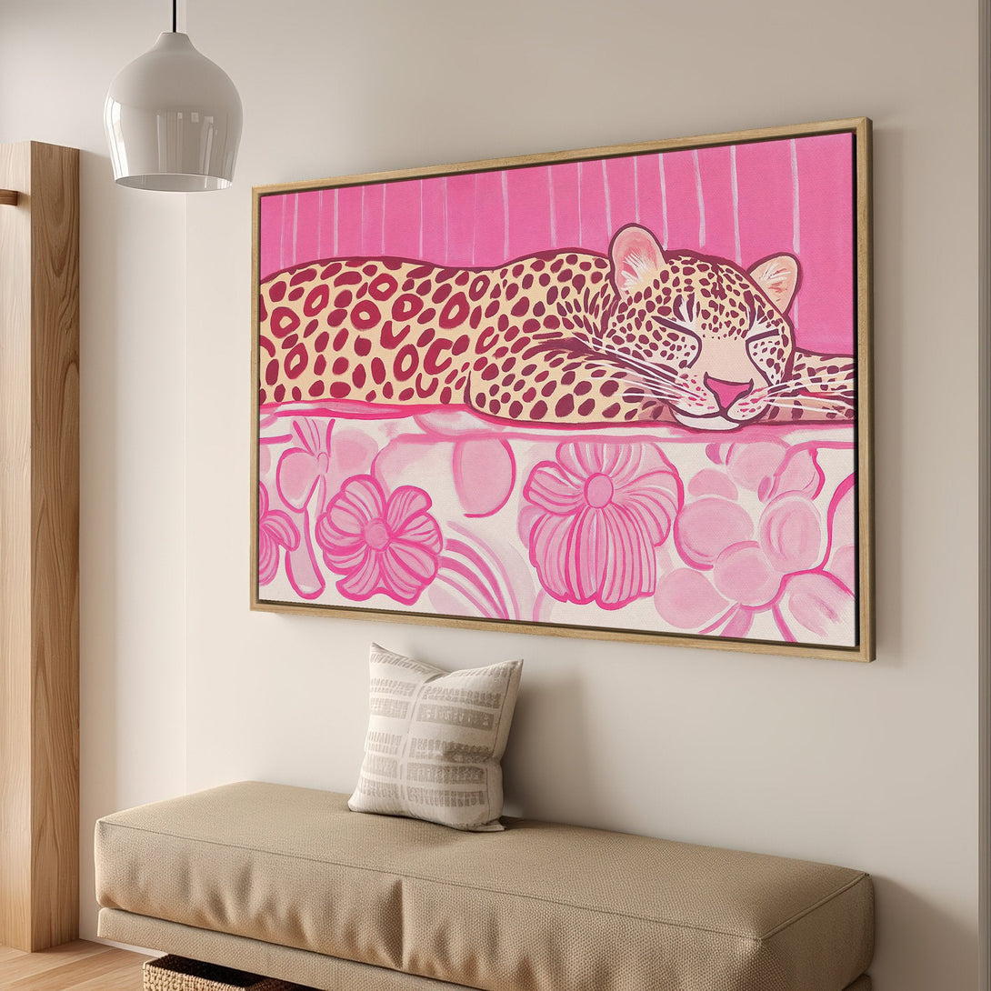 Framed Wall Art: Whimsical leopard print canvas in pink and cream. Modern, stylish art for your home decor. Shop now!