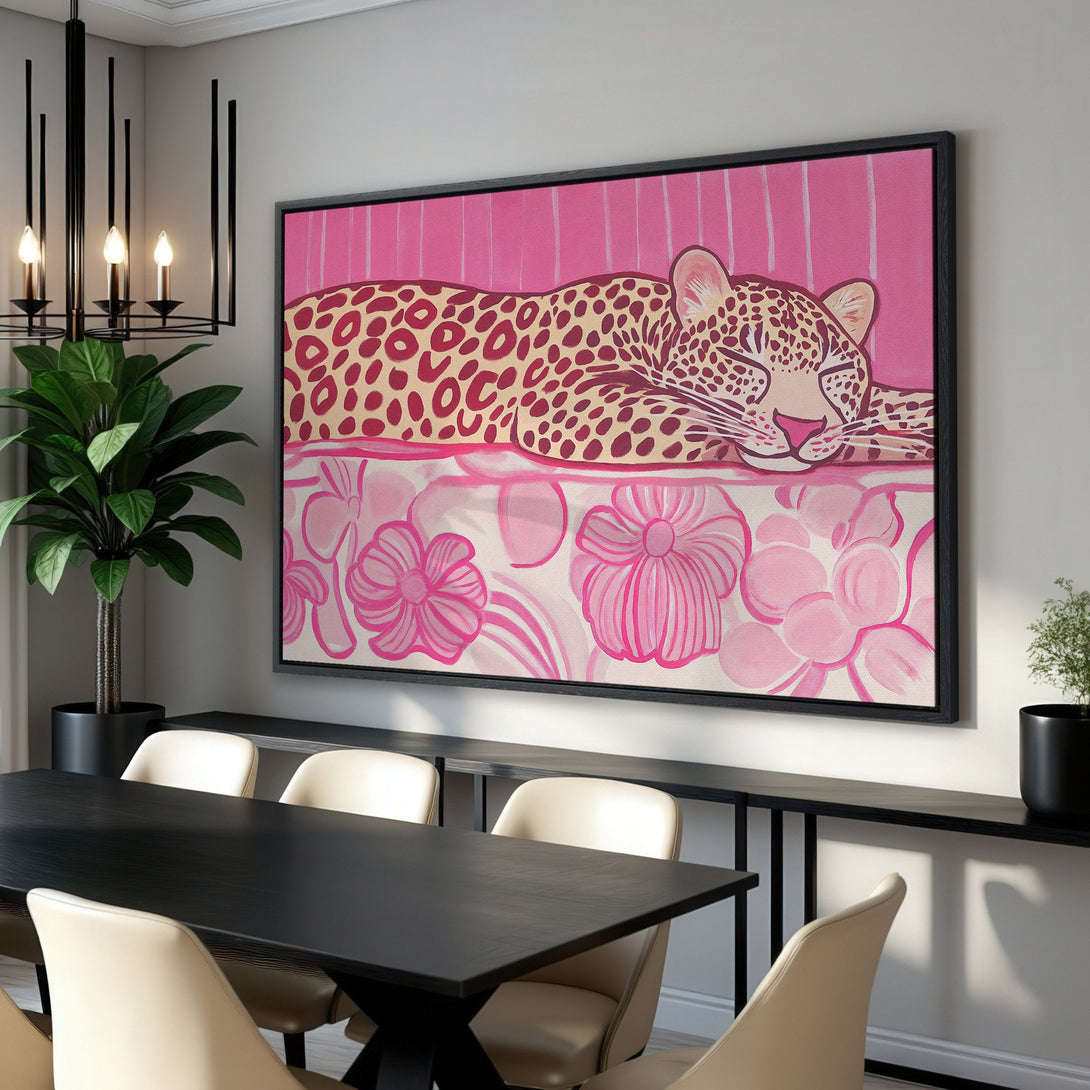 Framed Wall Art featuring a pink leopard print design. Modern, stylish canvas print with a pink and neutral color palette, perfect for any room's decor.