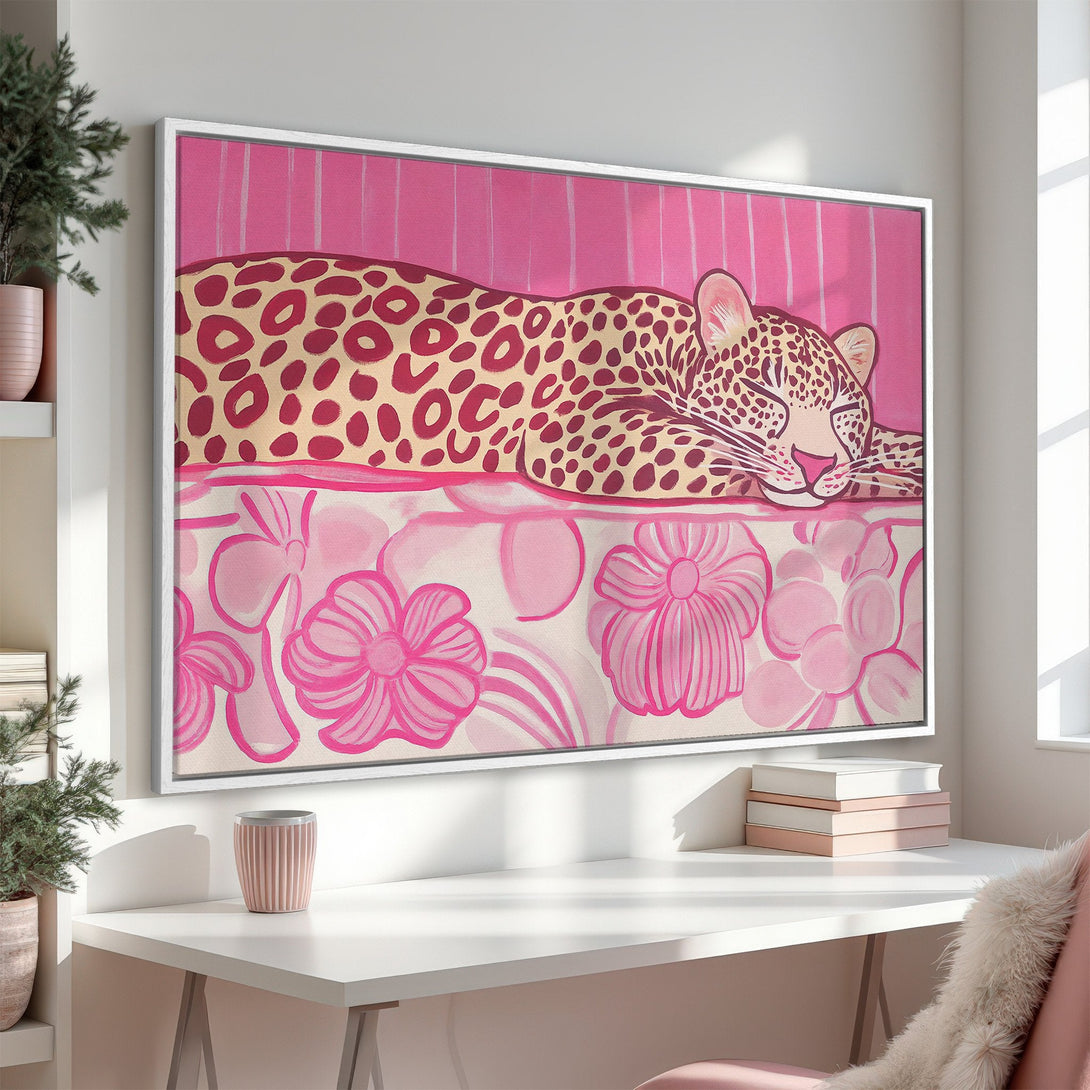 Framed Wall Art: Whimsical leopard print Canvas Print in pink and cream. Adds a pop of playful style to any room. Shop now for stylish wall decor!