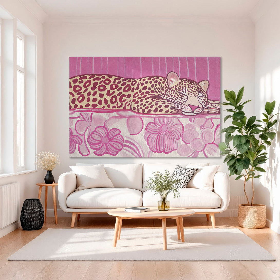 Framed Wall Art: Playful pink leopard print canvas art. Modern, chic style with a vibrant pink and cream color palette, perfect for adding personality to any space.