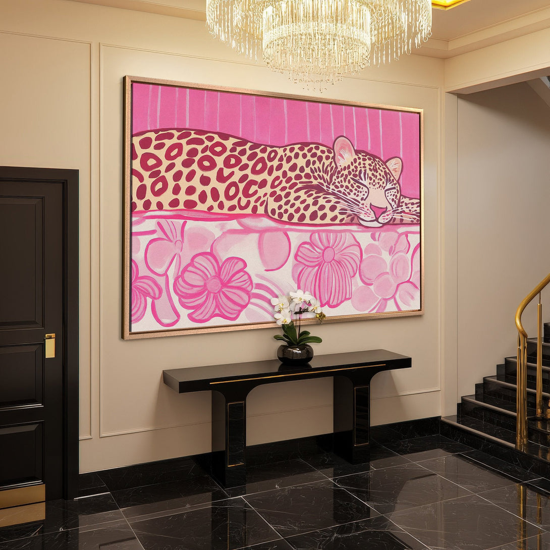 Framed Wall Art: Pink leopard print canvas in a luxurious interior. Pop art style with a pink and cream color palette. Elevate your space!