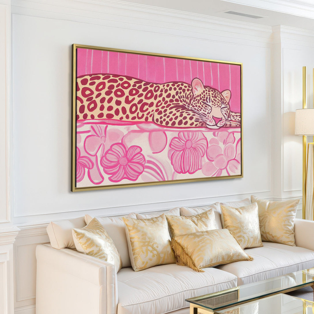 Canvas Print of a stylized leopard in pink hues, adding a touch of modern art to a bright interior.