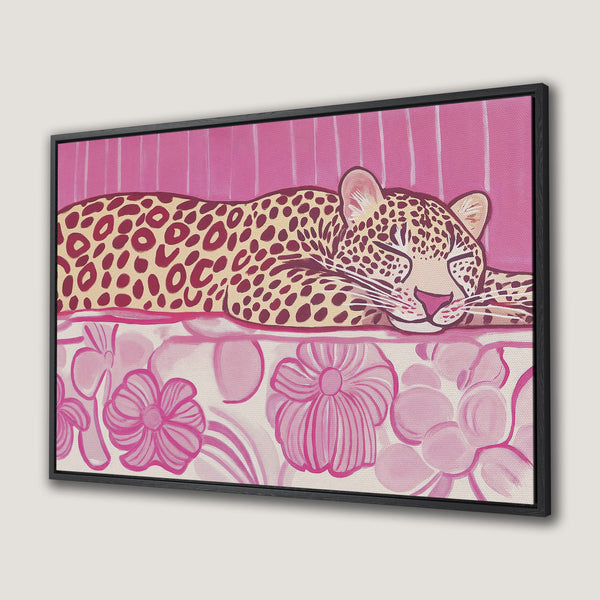 Framed Wall Art: Relaxing leopard illustration in pink and cream tones. Modern, stylish canvas print for a pop of color and personality.