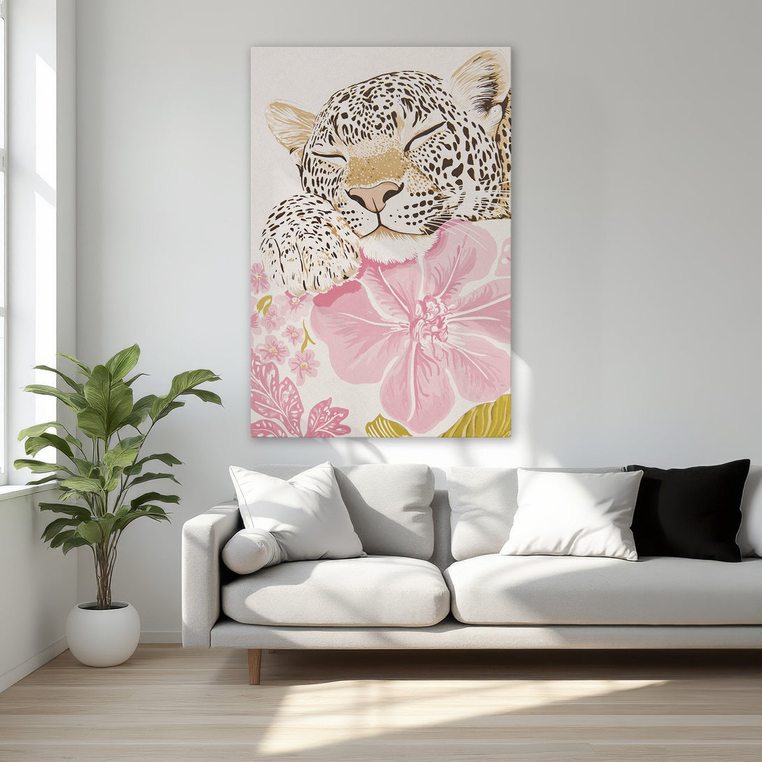 Framed Wall Art featuring a sleeping leopard with pink floral accents. Adds a touch of elegance with its neutral and pink color palette. Perfect for bedroom decor.