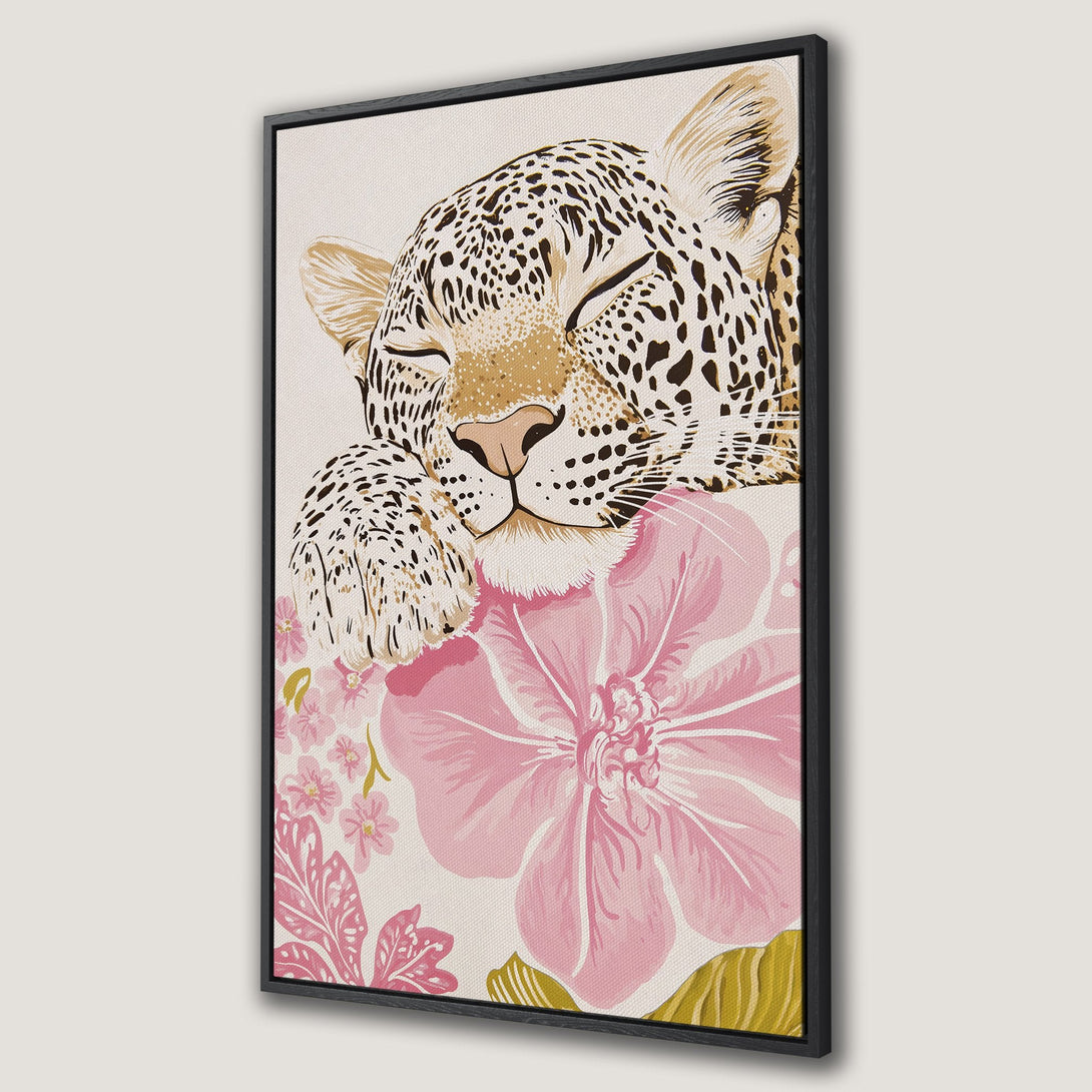 Framed Wall Art: Leopard resting on pink floral, whimsical style, neutral background with pink, gold, and brown accents. Modern art for home decor.