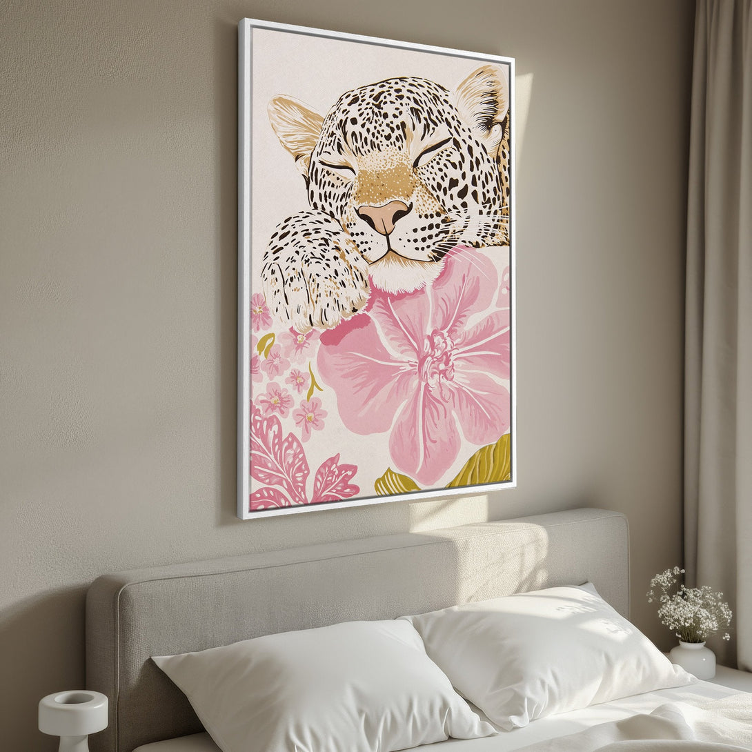Framed Wall Art: Leopard print canvas with pink floral accents. Modern art in a neutral bedroom. Soft beige, pink, and gold color palette.