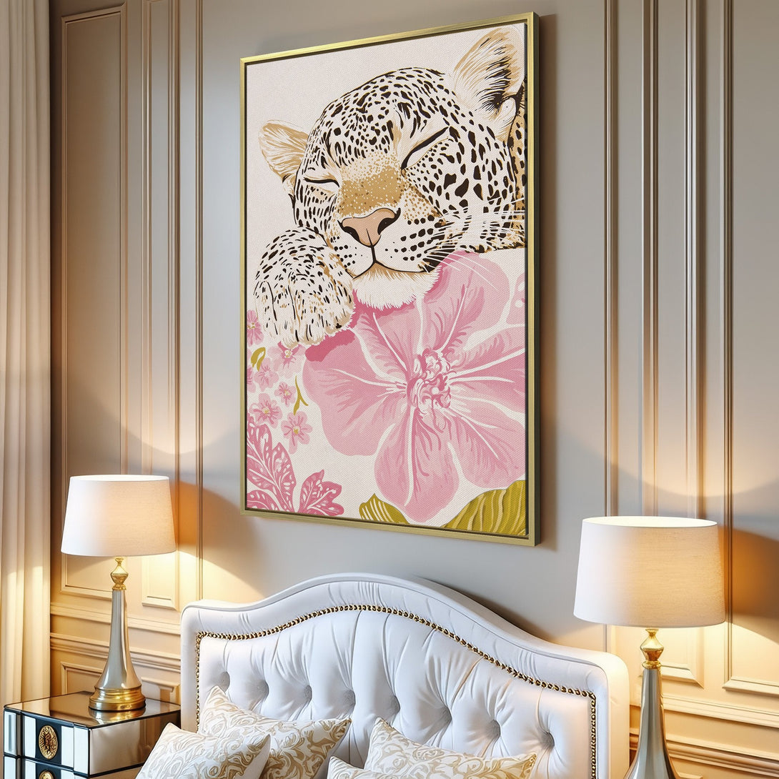 Canvas Print of a sleeping leopard with a pink floral design, soft and feminine style, neutral and pink color palette.