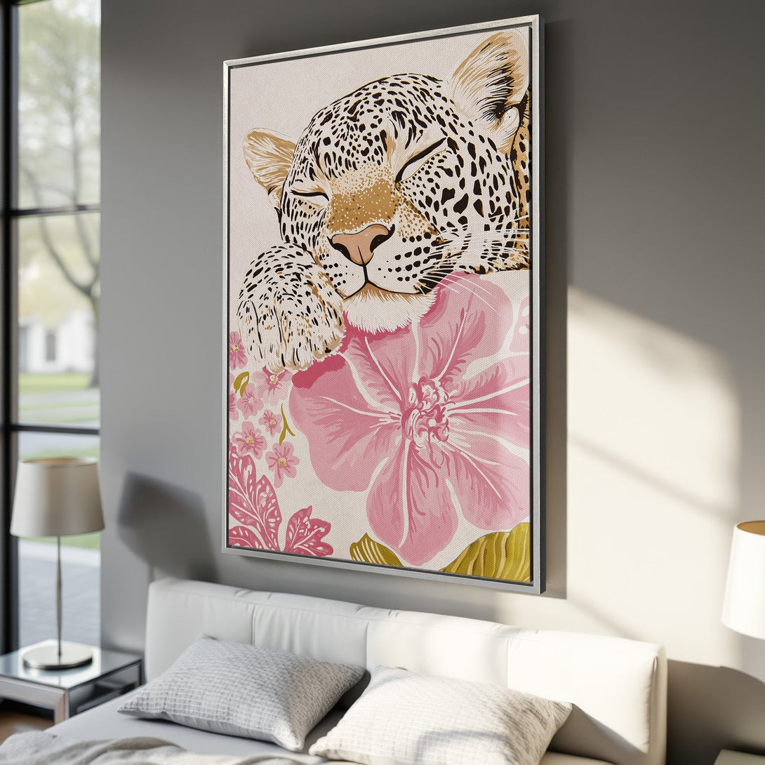 Framed Wall Art featuring a sleeping leopard with pink floral accents. Modern style, neutral beige background with pink, gold, and black color palette. Perfect for bedroom decor.