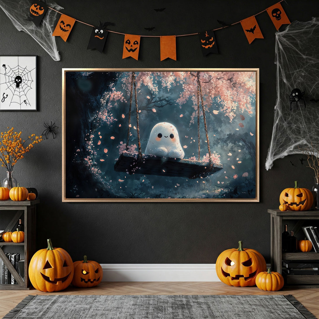 Framed Wall Art: Adorable ghost on a swing in a whimsical forest scene. Pastel pink & blue palette. Perfect Halloween decor!