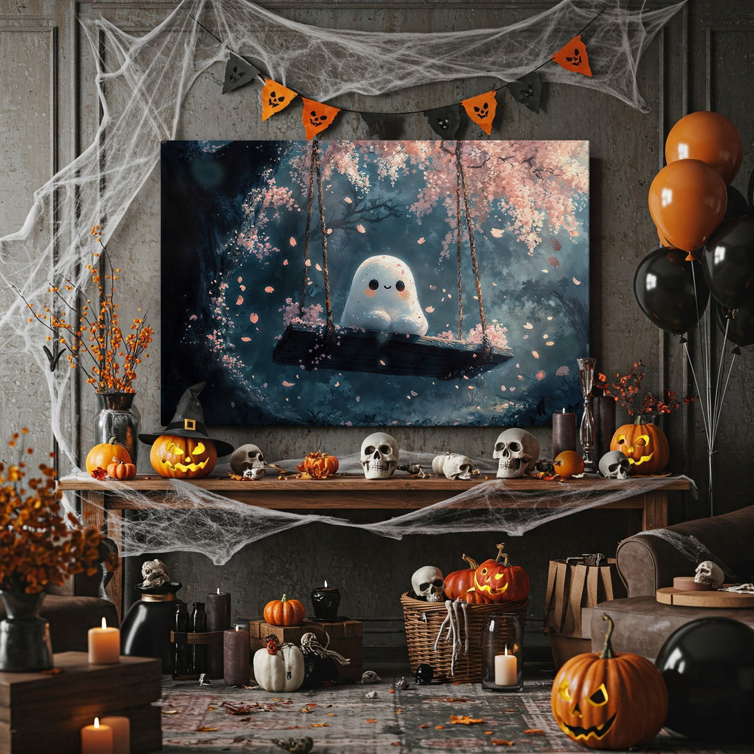 Framed Wall Art featuring a cute ghost on a swing in a whimsical forest scene. Soft blues, pinks, and greens create a dreamy, enchanting aesthetic. Perfect Halloween decor!