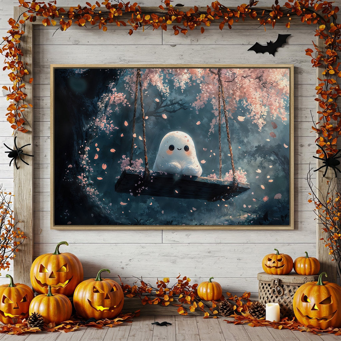 Canvas Print of a cute ghost on a swing, whimsical art with a blue and pink palette. Perfect Halloween decor!