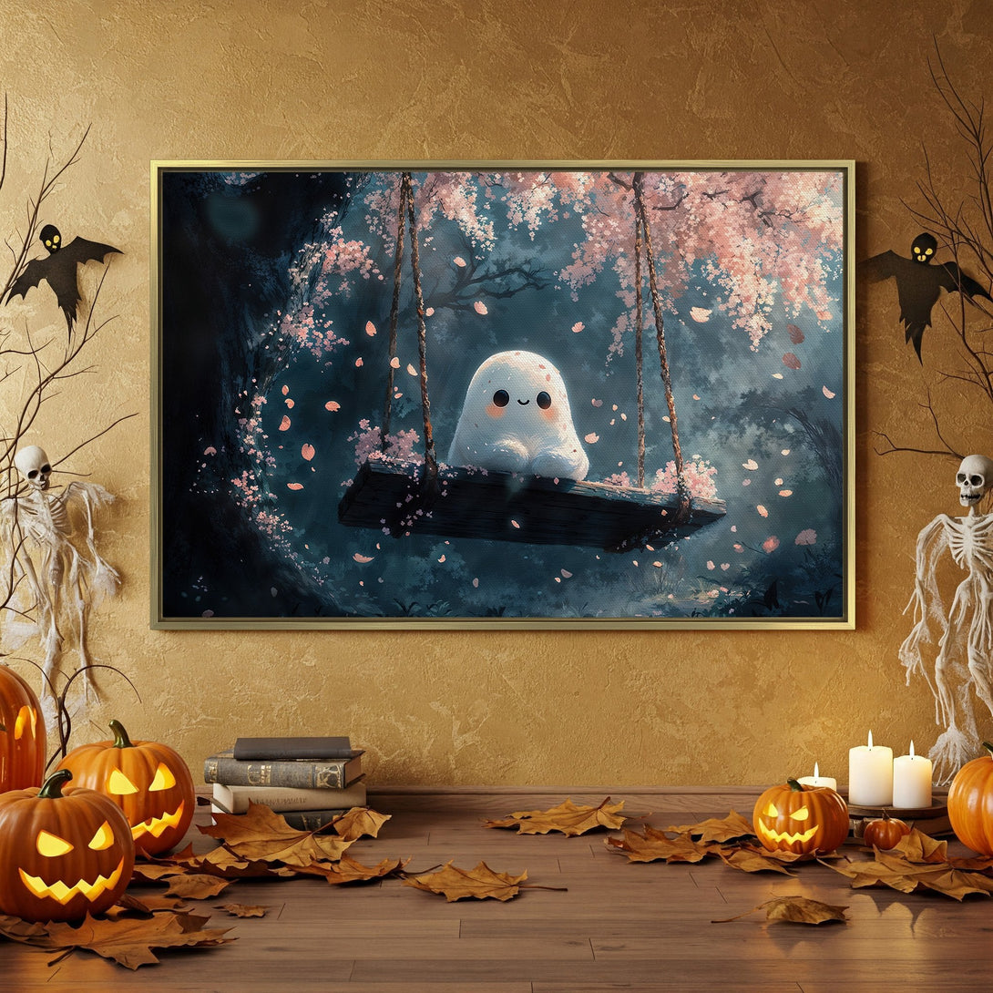 Canvas Print featuring a cute ghost on a swing in a whimsical forest scene. Halloween decor with a blue, pink, and orange color palette.