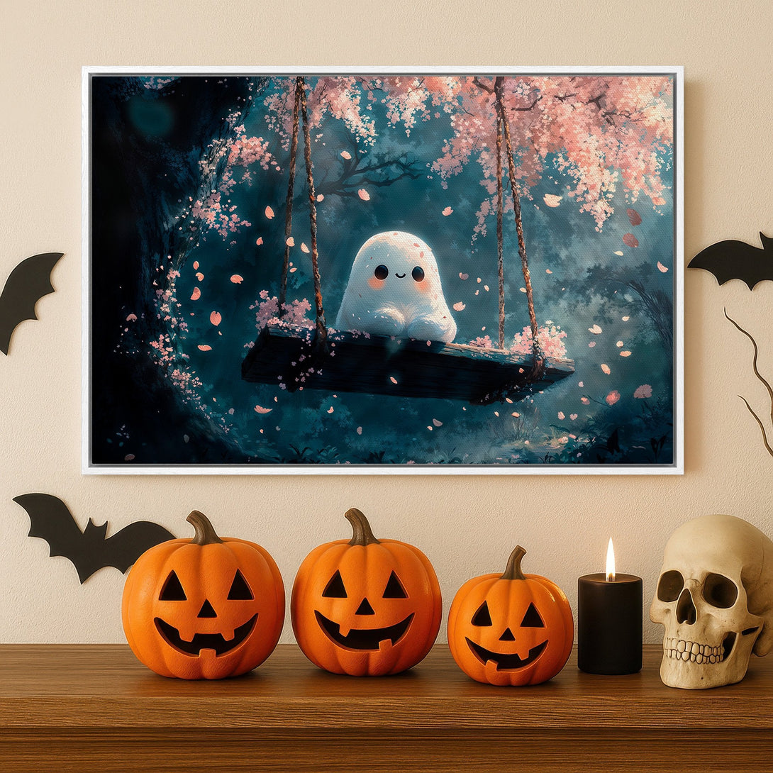 Framed Wall Art featuring a cute ghost on a swing in a whimsical forest scene. Soft pastel pink & teal color palette, perfect Halloween decor.