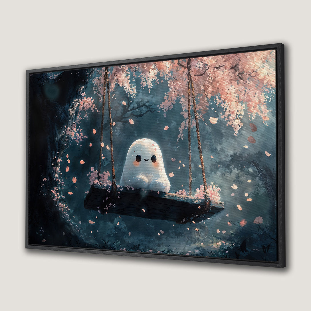Canvas Print of a cute ghost on a swing in a whimsical forest scene, featuring a dreamy blue and pink color palette.