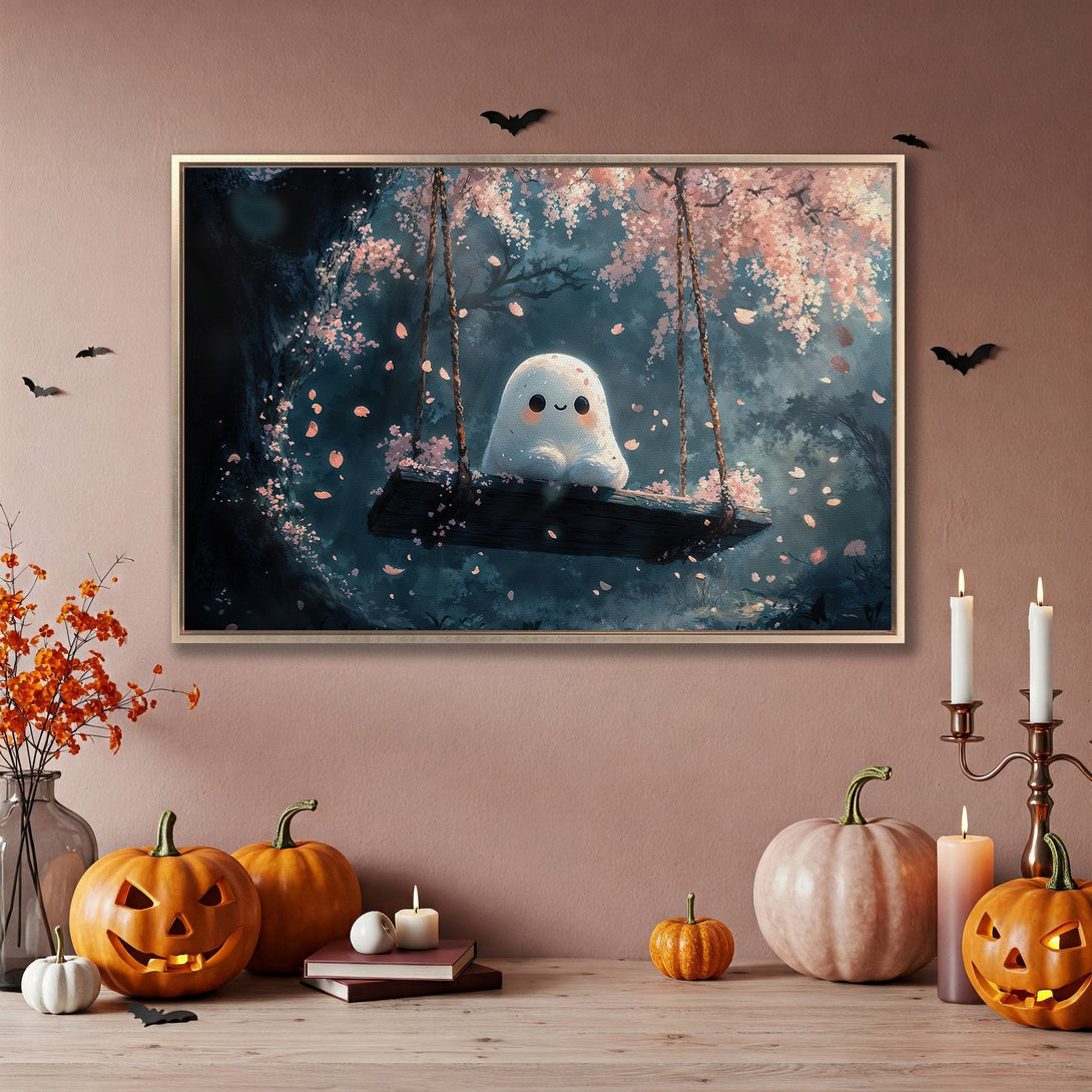 Framed Wall Art: Adorable ghost on a swing in a whimsical forest scene. Soft pink and teal color palette, perfect for Halloween decor.