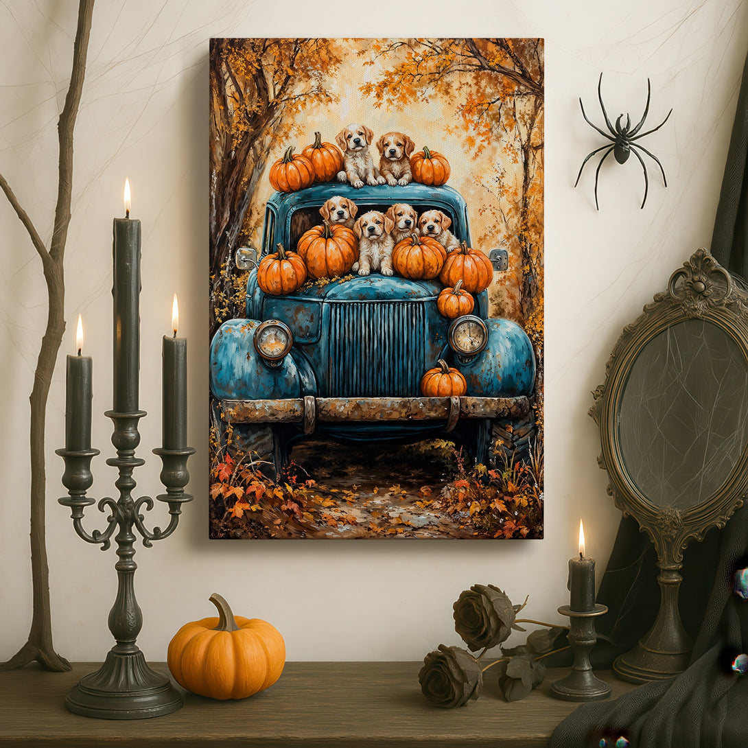 Framed Wall Art: Adorable puppies and pumpkins in a vintage truck, warm autumn colors. Rustic farmhouse style canvas print, perfect fall decor.