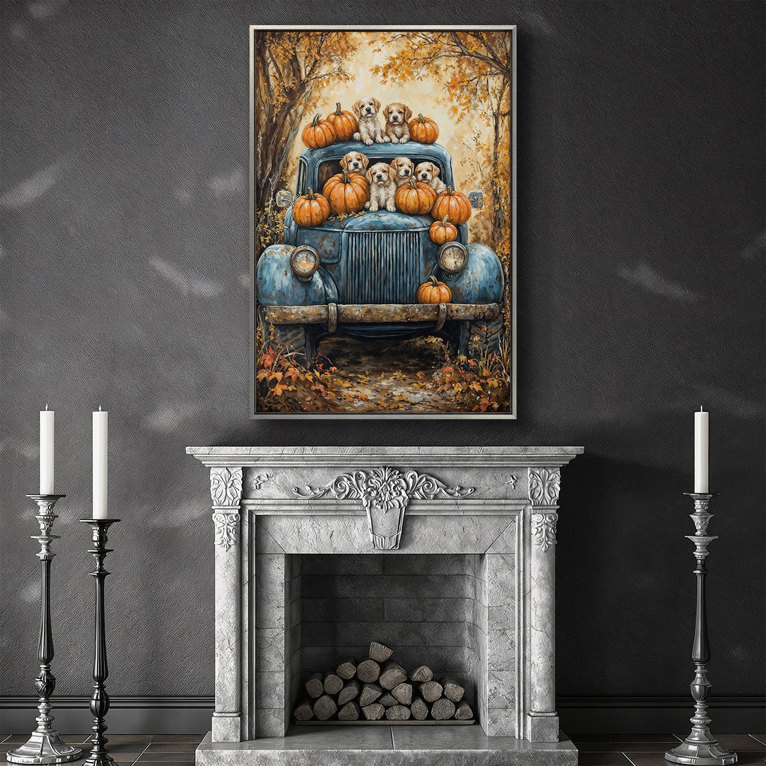 Framed Wall Art: Adorable puppies & pumpkins on a vintage truck, warm autumn colors. Perfect fall decor for your home. Add cozy charm with this canvas print!