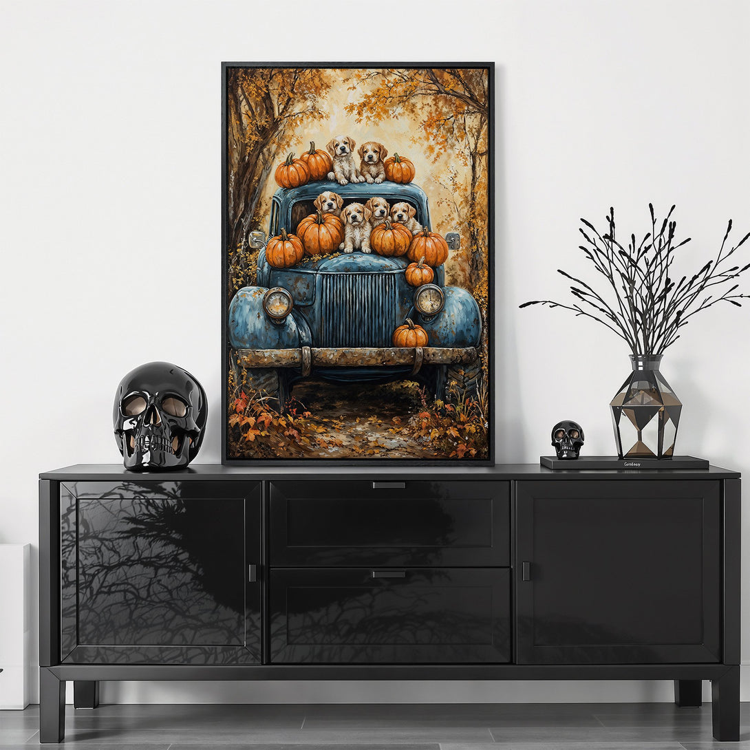 Framed Wall Art featuring a vintage blue truck filled with pumpkins and puppies, set in a warm autumn scene. Rustic style with orange, brown, and blue tones. Perfect fall decor!