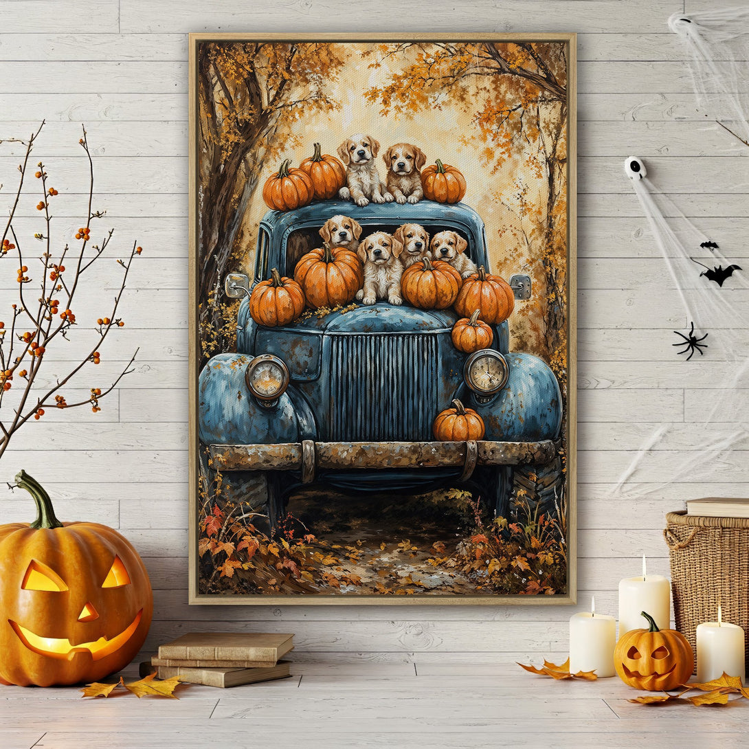 Framed Wall Art featuring adorable puppies in a vintage truck with pumpkins. Warm autumn color palette. Perfect fall decor for a cozy home.