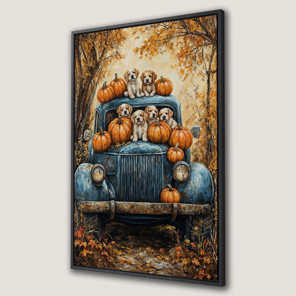 Framed Wall Art: Adorable puppies & pumpkins in a vintage blue truck. Rustic autumn scene with warm orange & blue tones. Perfect fall decor!