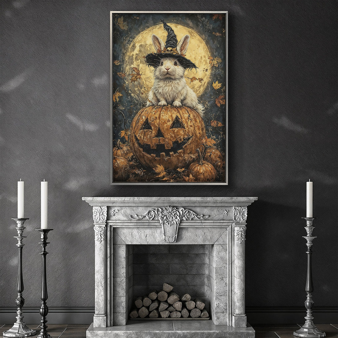 Framed Wall Art: Whimsical Halloween bunny wearing a witch hat on a pumpkin, set against a moonlit backdrop. Warm autumnal color palette, perfect for seasonal decor.