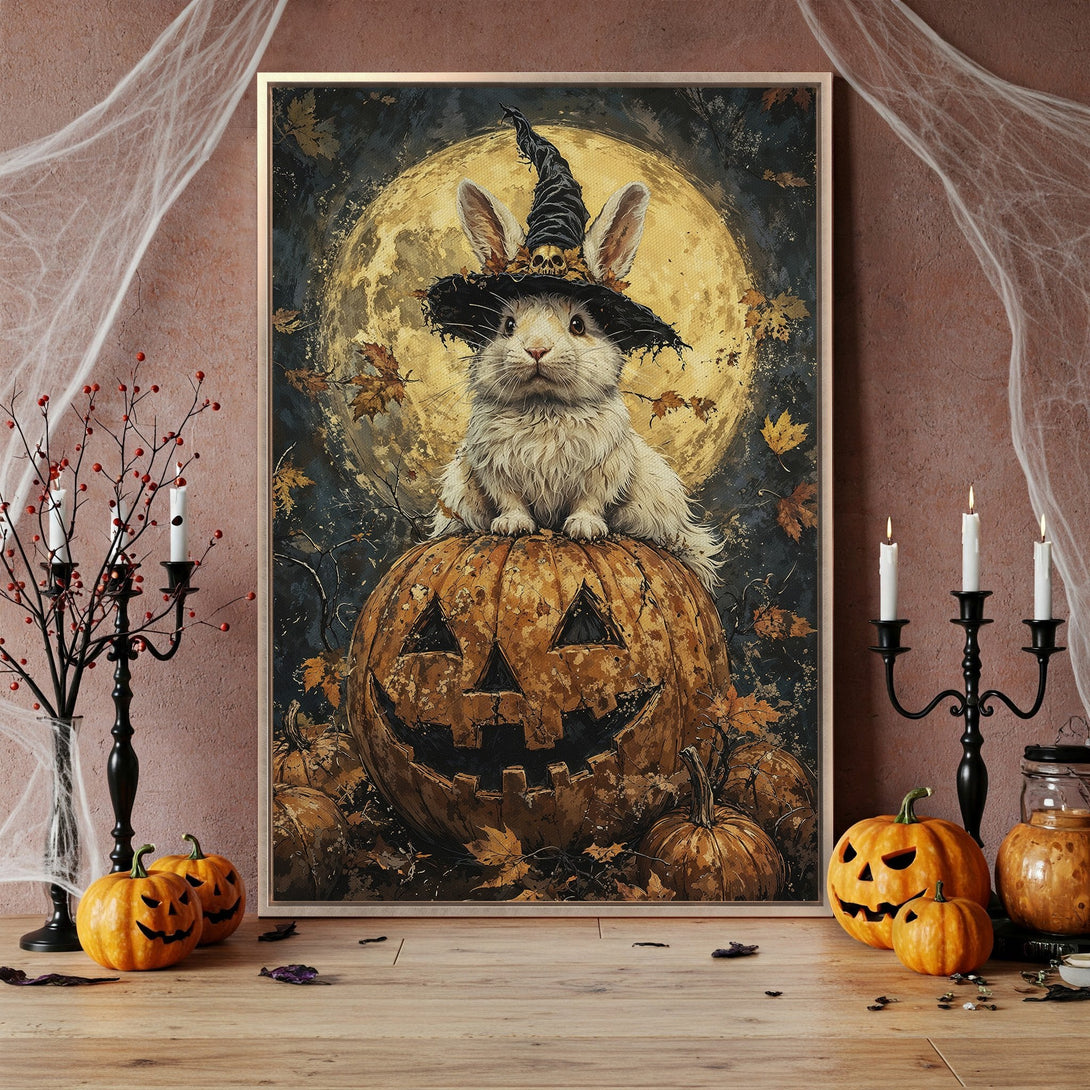 Framed Wall Art: Halloween-themed artwork of a bunny in a witch hat on a pumpkin, with a dark, moody color palette. Perfect for spooky decor!