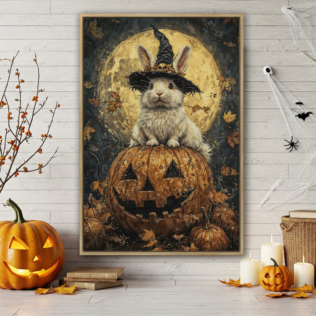 Framed Wall Art: Adorable Halloween bunny wearing a witch hat, sitting on a pumpkin. Warm autumn tones with a whimsical, spooky style. Perfect seasonal decor!