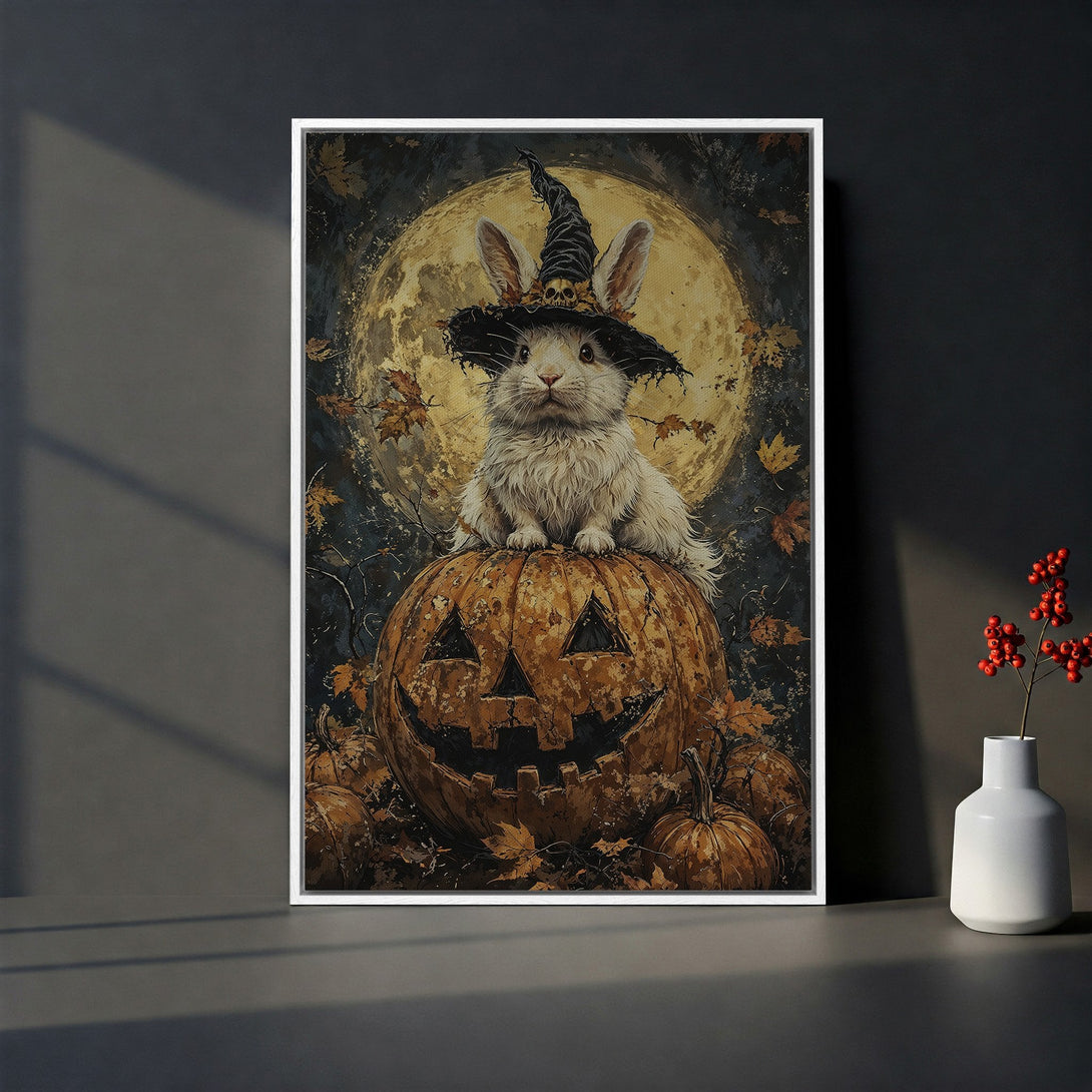 Framed Wall Art: Halloween bunny in witch hat on pumpkin. Rustic style, warm autumn tones. Perfect spooky decor for your home!