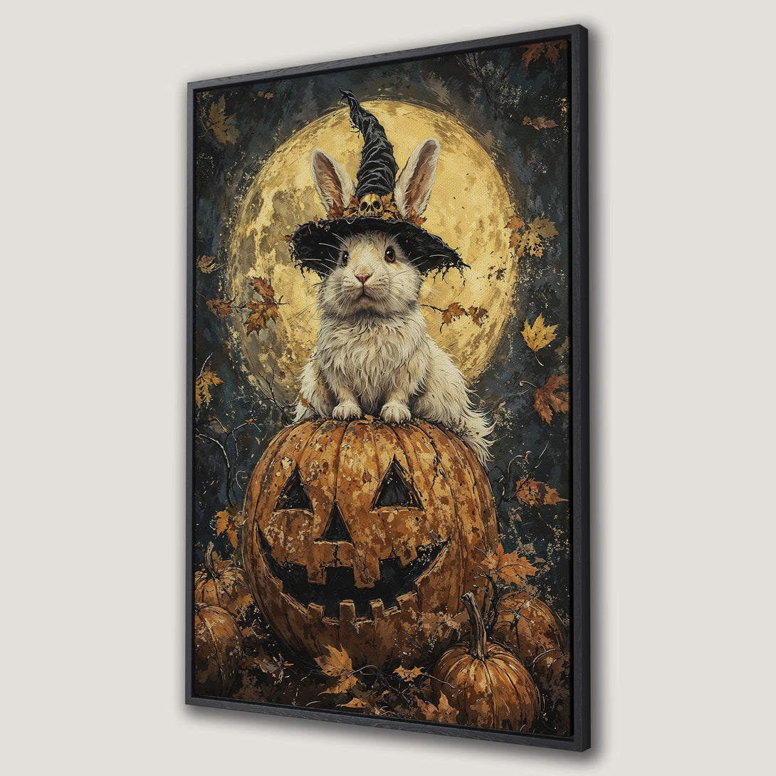 Framed Wall Art: Halloween bunny wearing witch hat on pumpkin, whimsical illustration in warm orange, gold, and dark blue tones. Perfect fall decor!