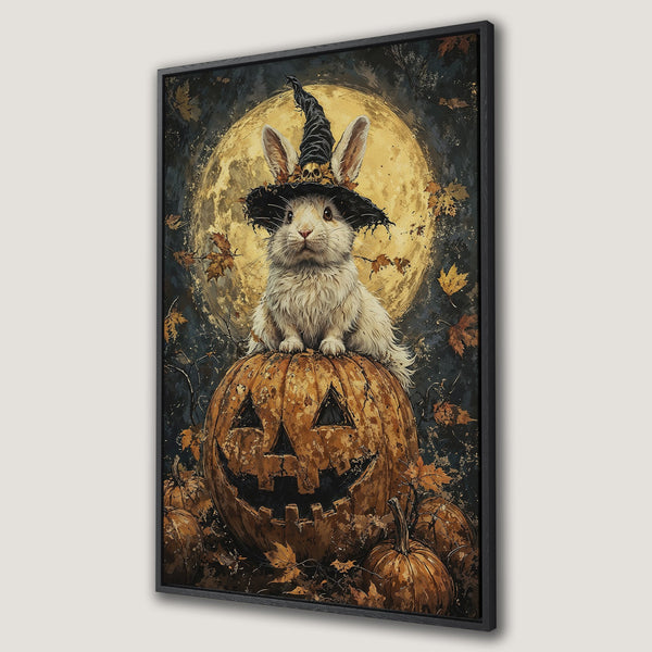 Framed Wall Art: Halloween bunny wearing witch hat on pumpkin, whimsical illustration in warm orange, gold, and dark blue tones. Perfect fall decor!