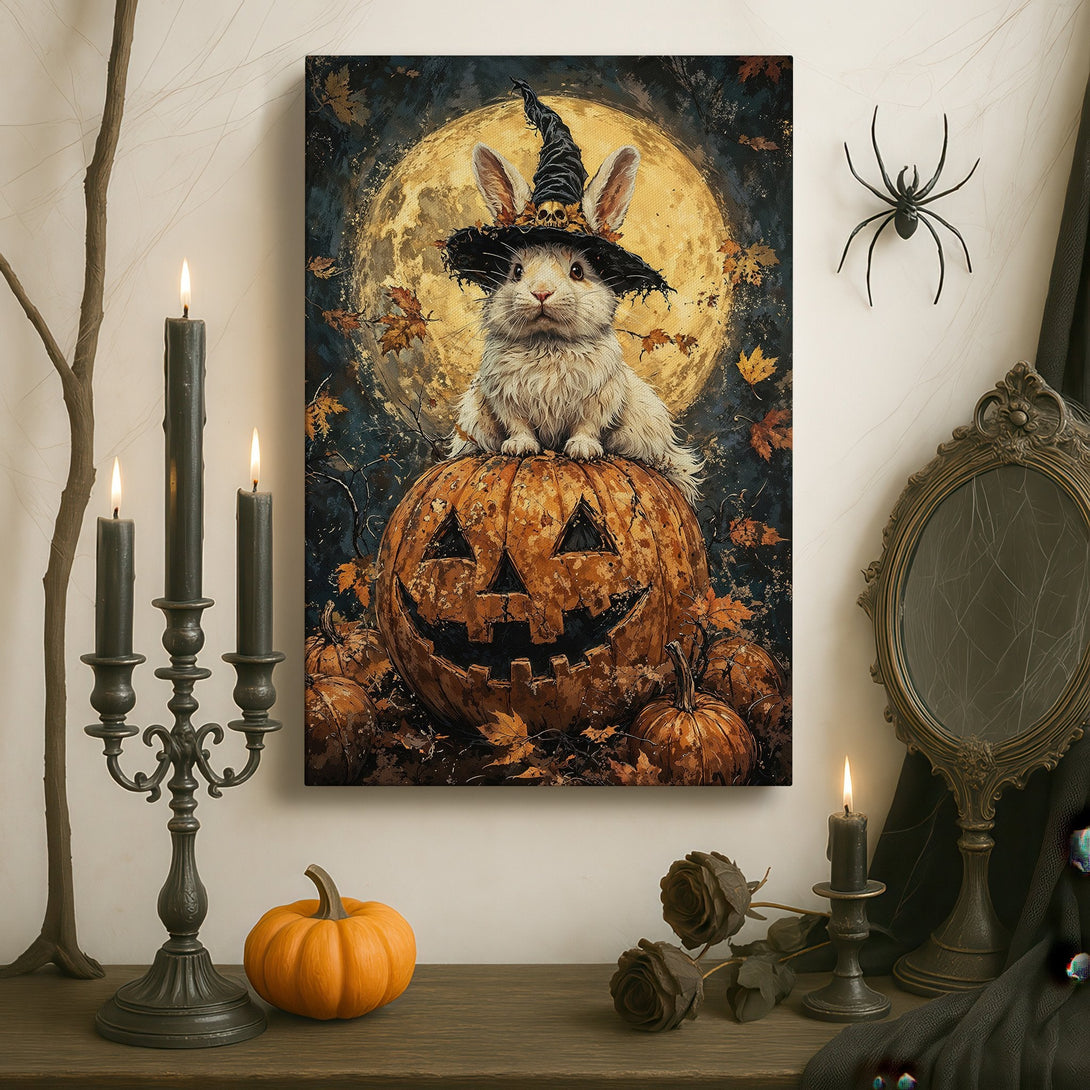 Framed Wall Art: Spooky Halloween bunny on a pumpkin. Gothic style with dark, moody colors. Perfect for adding a touch of whimsy to your decor.