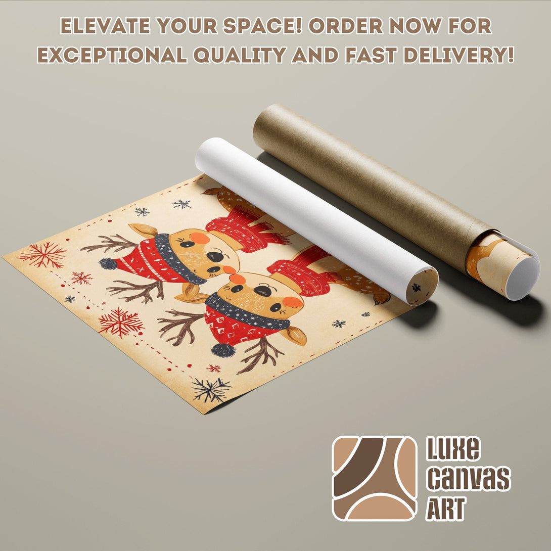 Christmas poster roll with reindeer in warm colors. Perfect holiday decor!