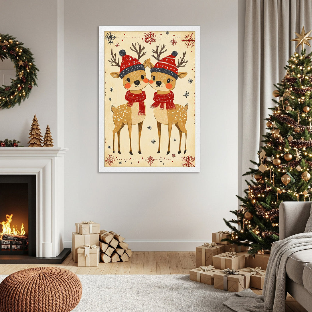 Framed Poster featuring adorable deer in winter hats and scarves. Rustic style, warm color palette perfect for Christmas decor.